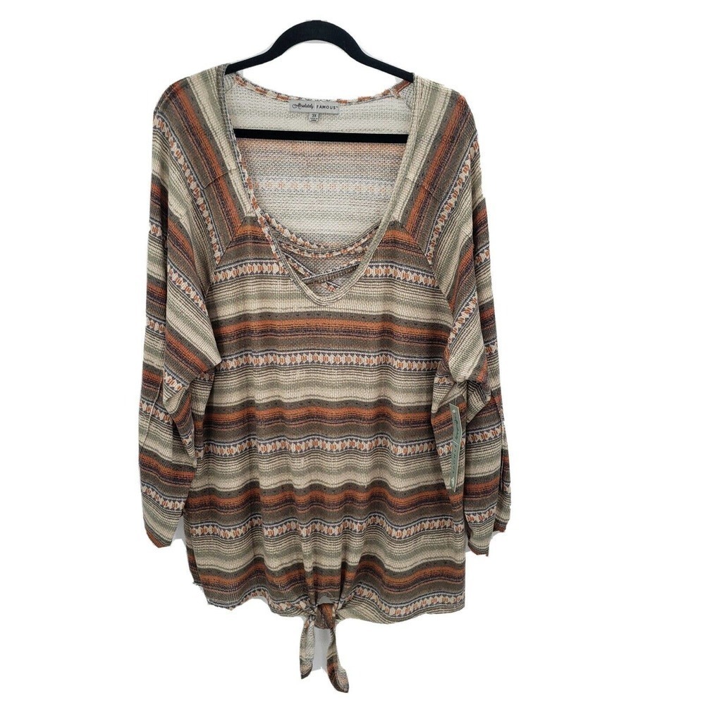 Absolutely Famous Tie Front Knit Top Womens 3x Thermal Caged V Neck Striped